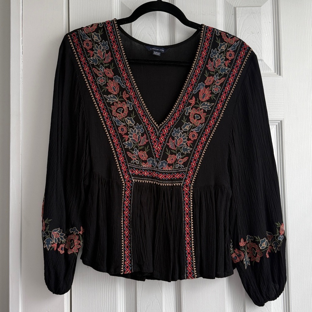 American Eagle Outfitters Black Boho Embroidered V-Neck Blouse